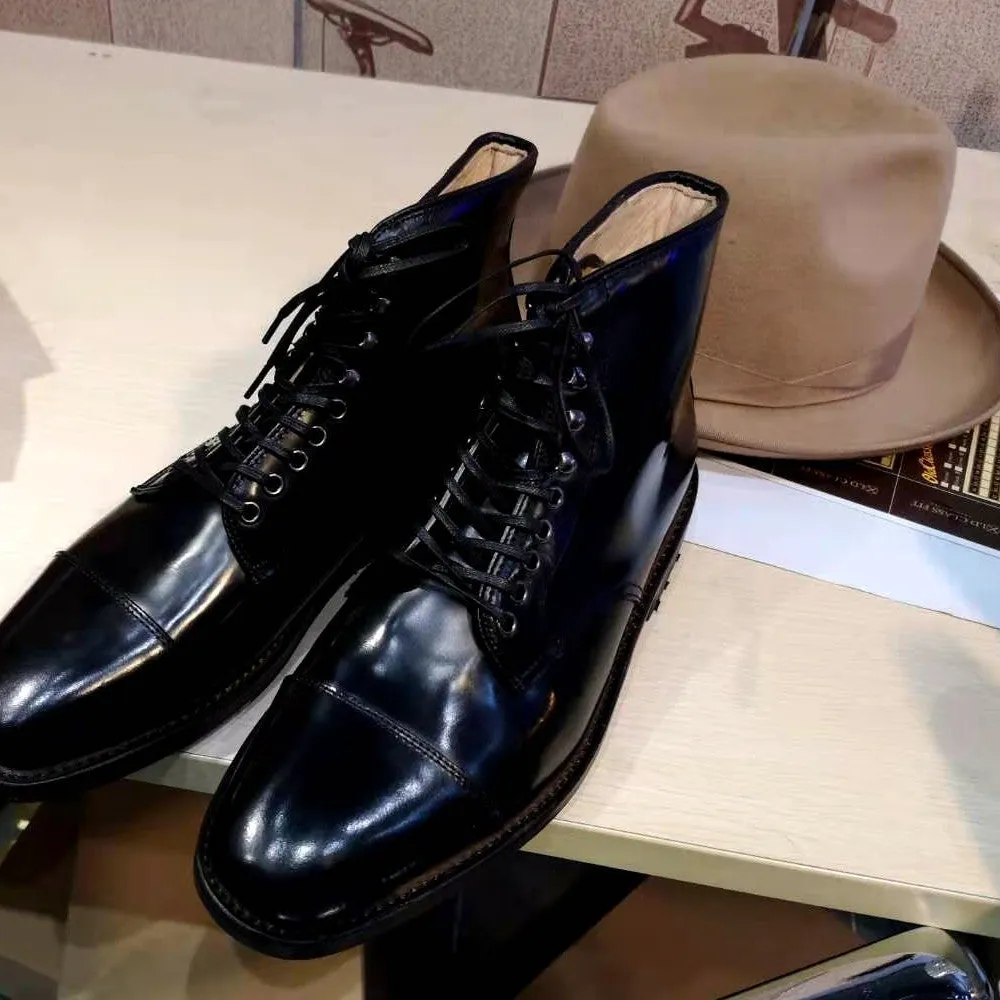 Men's three joint gentleman suit leather boots in black with tie wrap closure and medium tube height