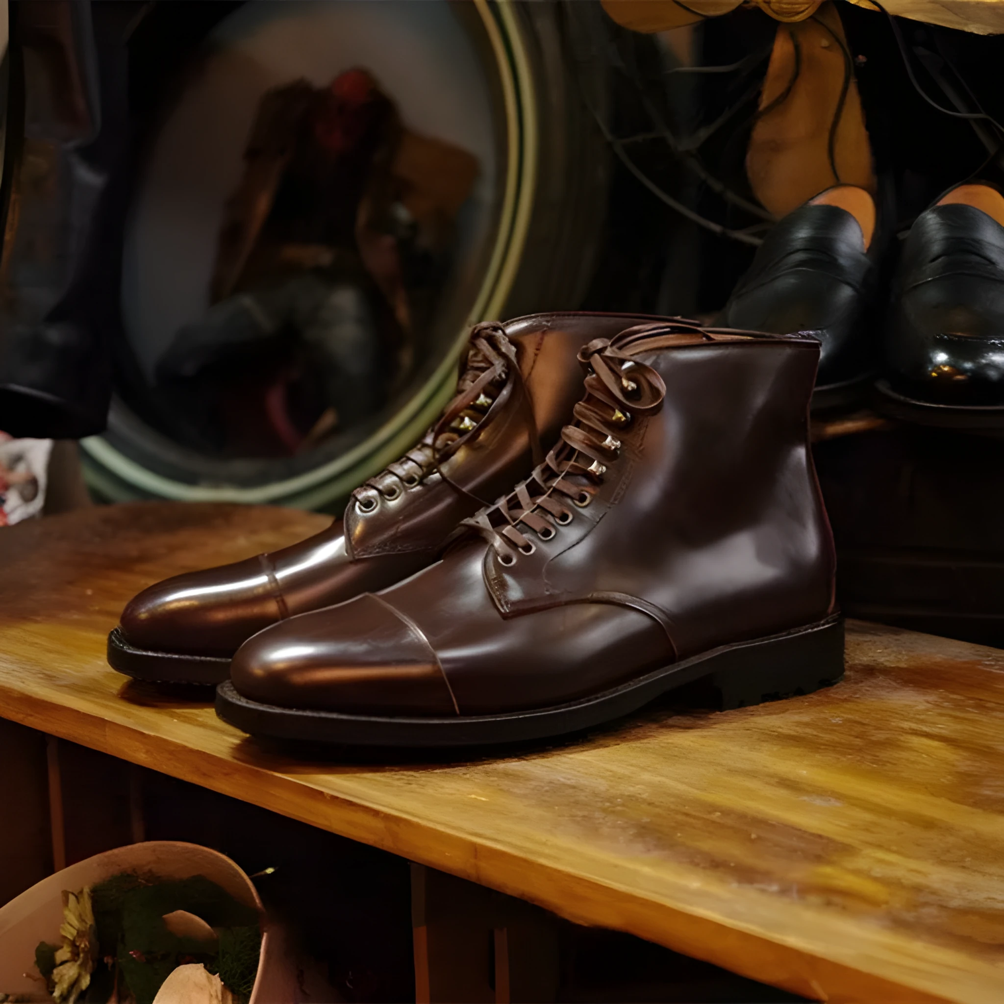Men's three joint gentleman suit leather boots in black with tie wrap closure and medium tube height