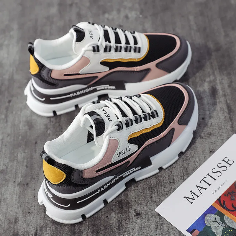 Women's white mesh lace-up casual sneakers with mid heel, side view