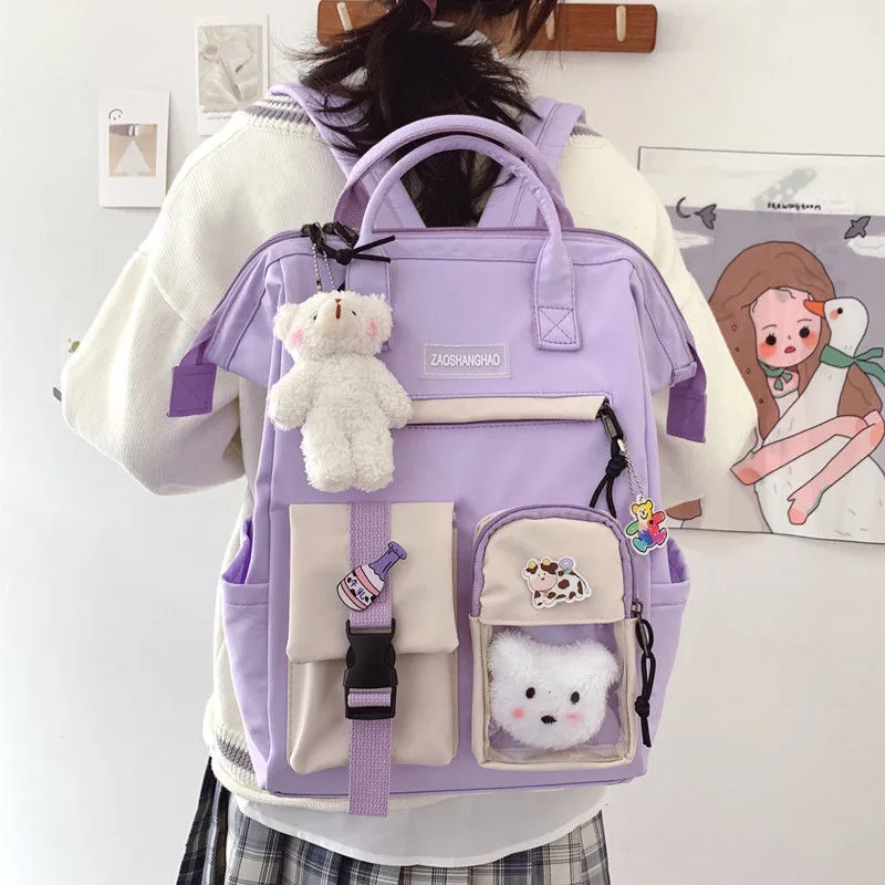 Preppy purple waterproof backpack for women with stitching details, mini size, candy colors