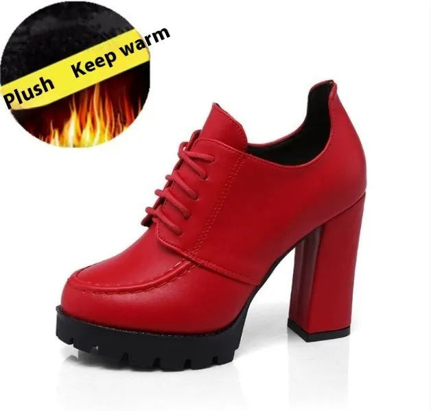Women's black platform boots with thick heel, PU upper, lace-up front, and round toe