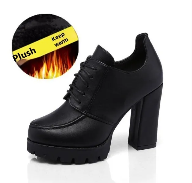 Women's black platform boots with thick heel, PU upper, lace-up front, and round toe