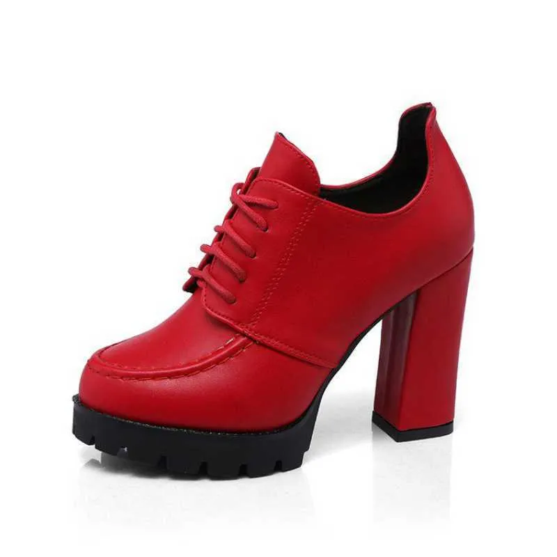 Women's black platform boots with thick heel, PU upper, lace-up front, and round toe