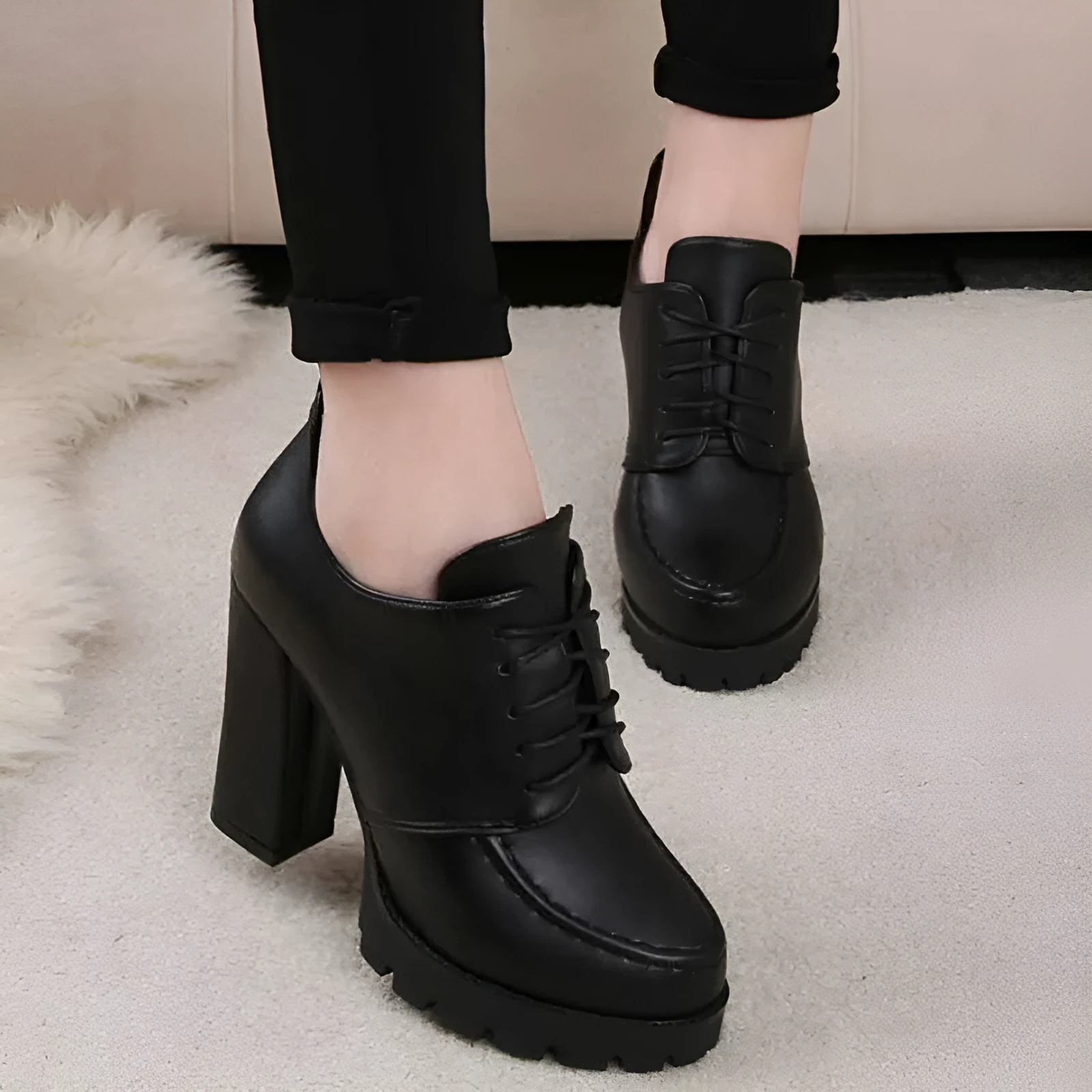 Women's black platform boots with thick heel, PU upper, lace-up front, and round toe