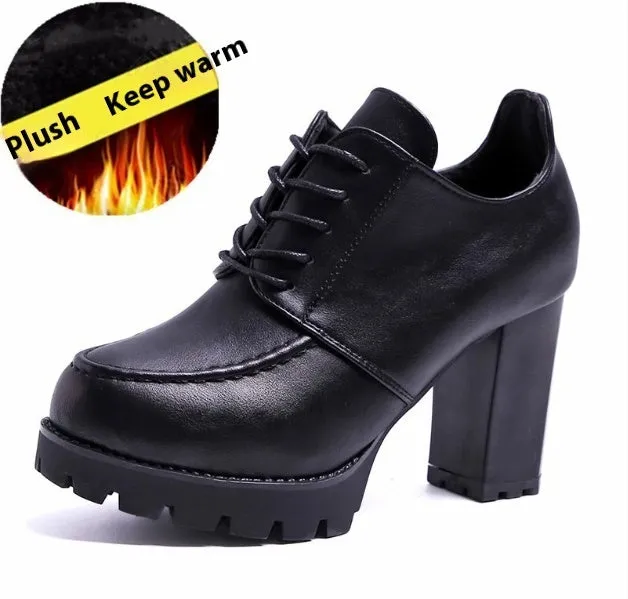 Women's black platform boots with thick heel, PU upper, lace-up front, and round toe