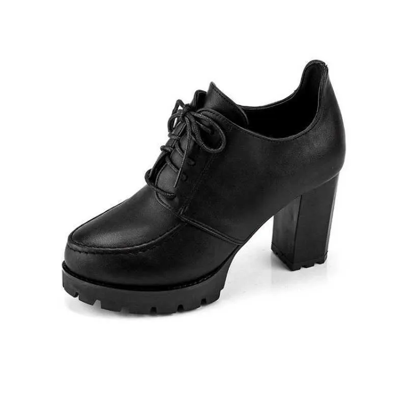 Women's black platform boots with thick heel, PU upper, lace-up front, and round toe