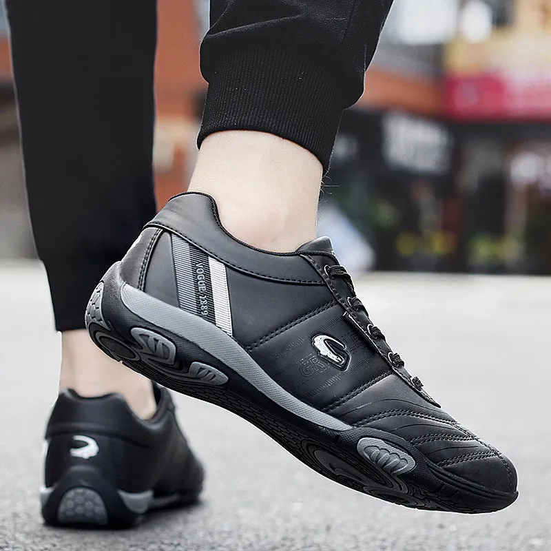 Men's casual space leather shoes in black with round toe and flat heel, size 42