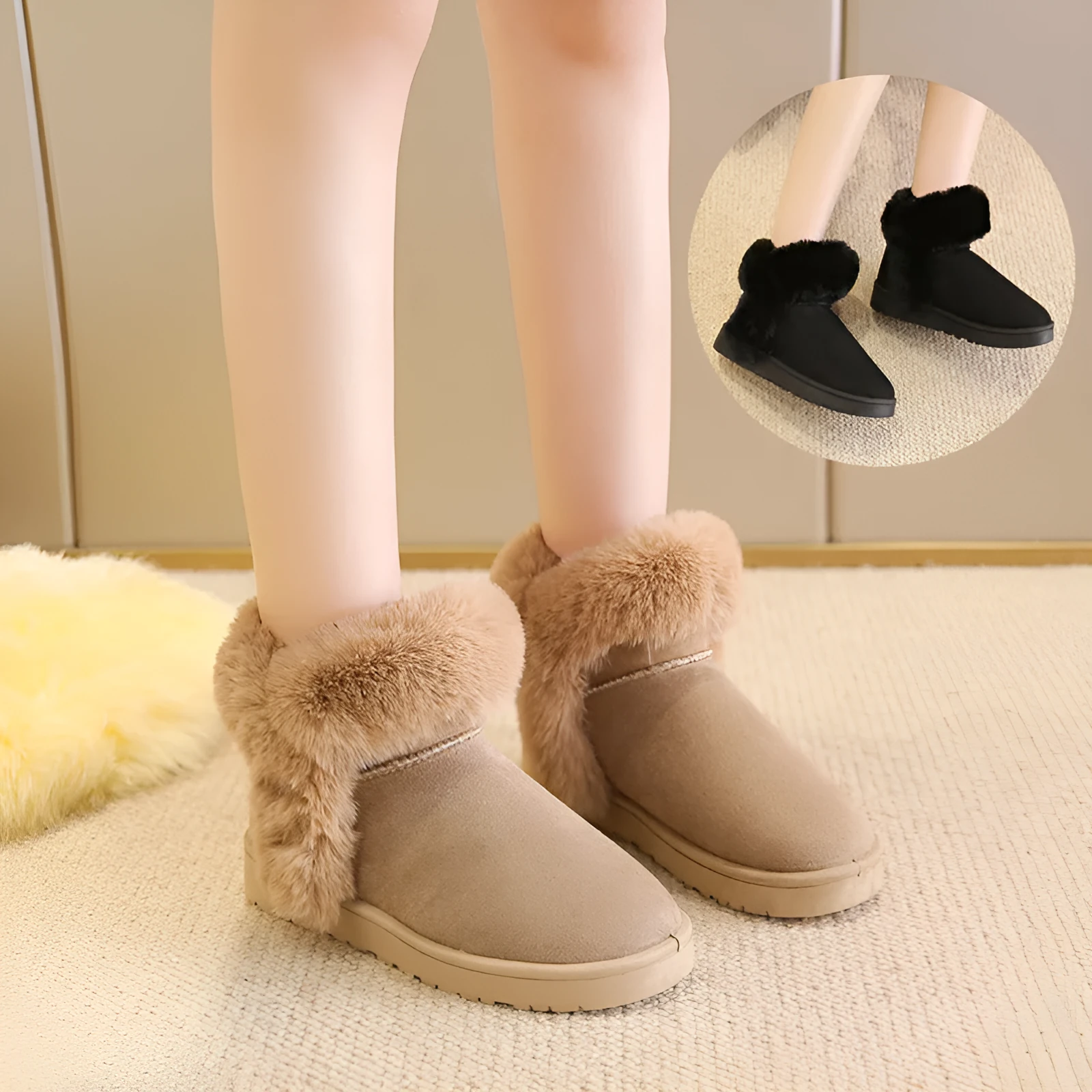 Women's winter snow boots in beige with fluffy platform, round toe, and artificial wool lining on a white background