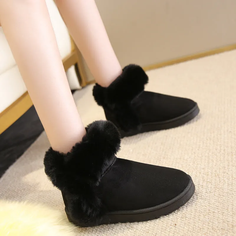 Women's winter snow boots in beige with fluffy platform, round toe, and artificial wool lining on a white background