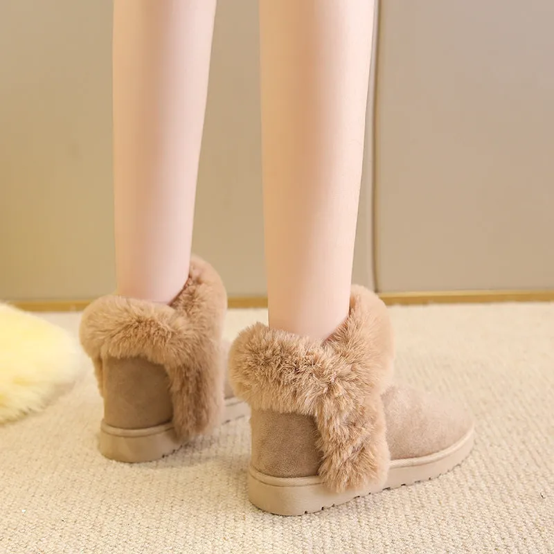 Women's winter snow boots in beige with fluffy platform, round toe, and artificial wool lining on a white background