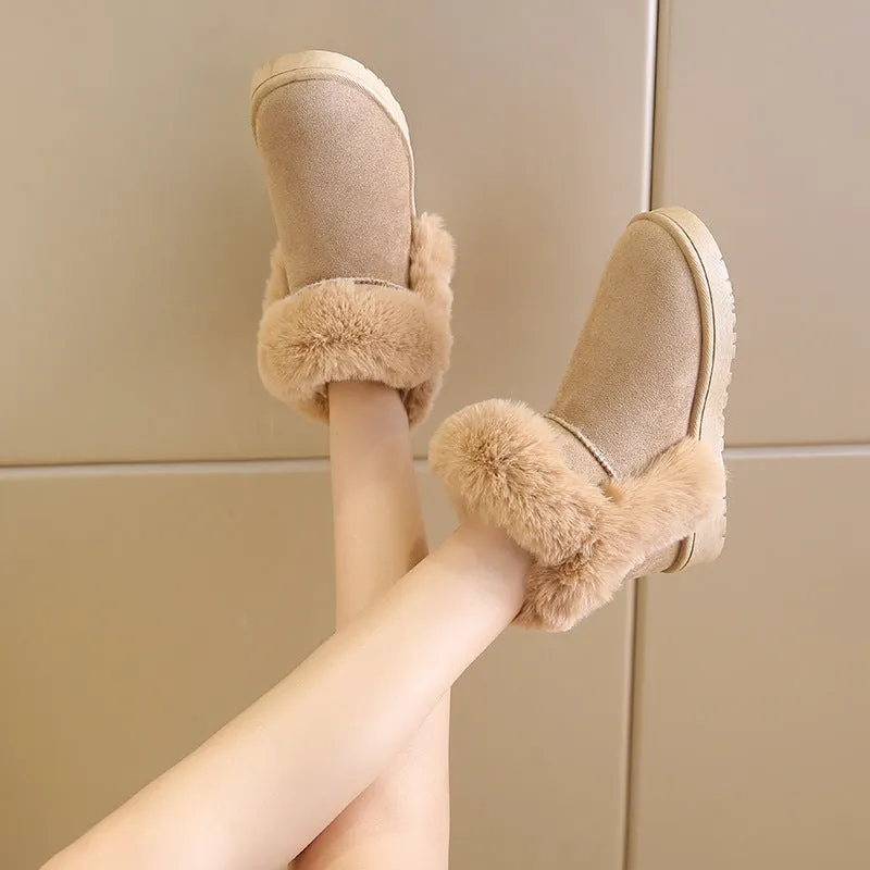 Women's winter snow boots in beige with fluffy platform, round toe, and artificial wool lining on a white background