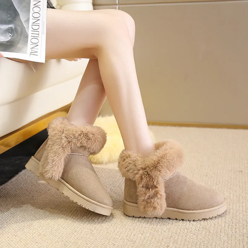 Women's winter snow boots in beige with fluffy platform, round toe, and artificial wool lining on a white background