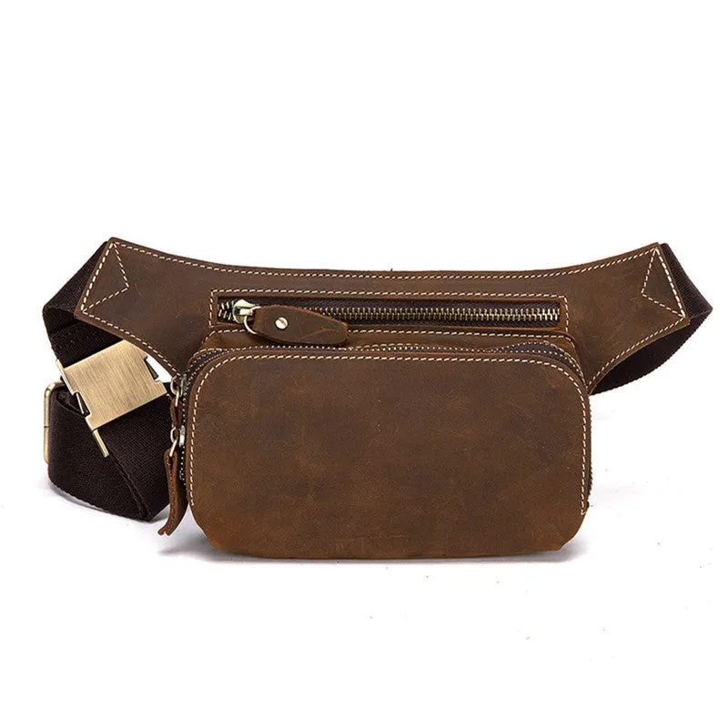 Brown top layer cowhide leather men's sports waist bag with pull-tab closure.