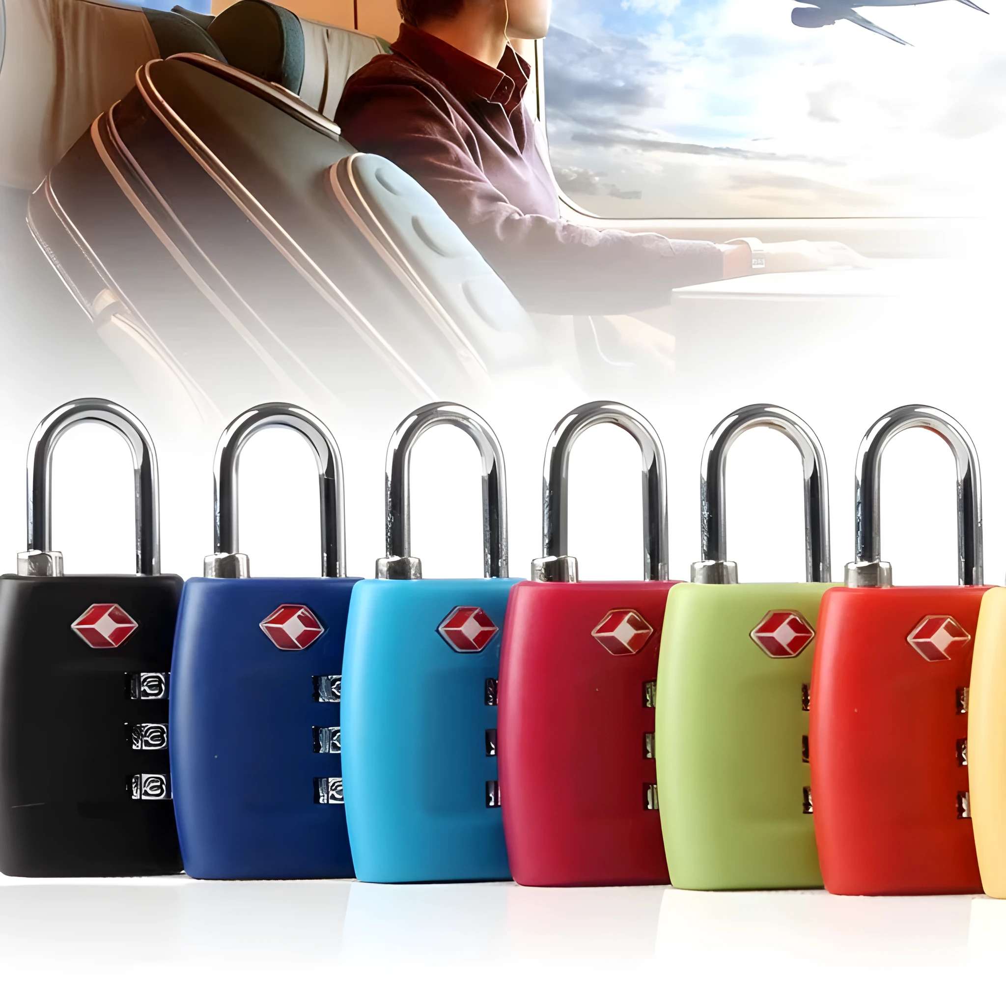 Plastic TSA code lock in red for luggage zippers with 4mm lock rod and 12mm spacing