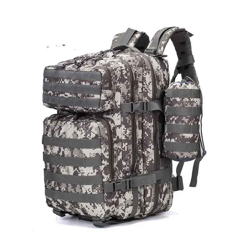 Men's waterproof Oxford camouflage backpack in army green with geometric pattern, 56-75L capacity for hiking