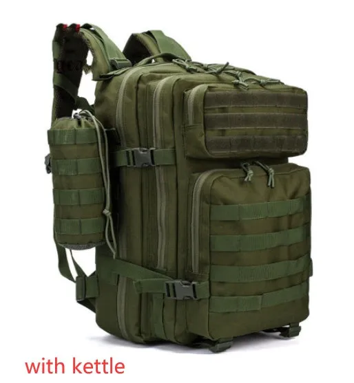 Men's waterproof Oxford camouflage backpack in army green with geometric pattern, 56-75L capacity for hiking