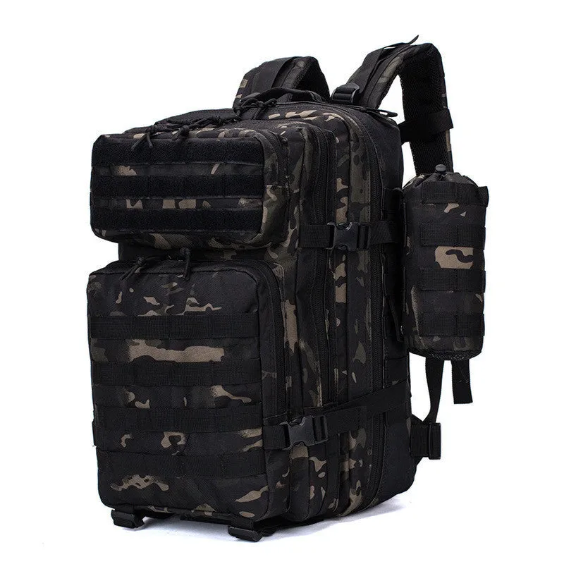 Men's waterproof Oxford camouflage backpack in army green with geometric pattern, 56-75L capacity for hiking