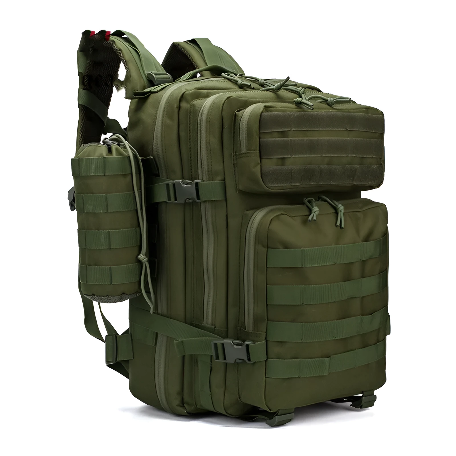 Men's waterproof Oxford camouflage backpack in army green with geometric pattern, 56-75L capacity for hiking