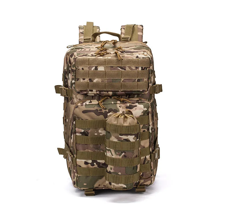 Men's waterproof Oxford camouflage backpack in army green with geometric pattern, 56-75L capacity for hiking