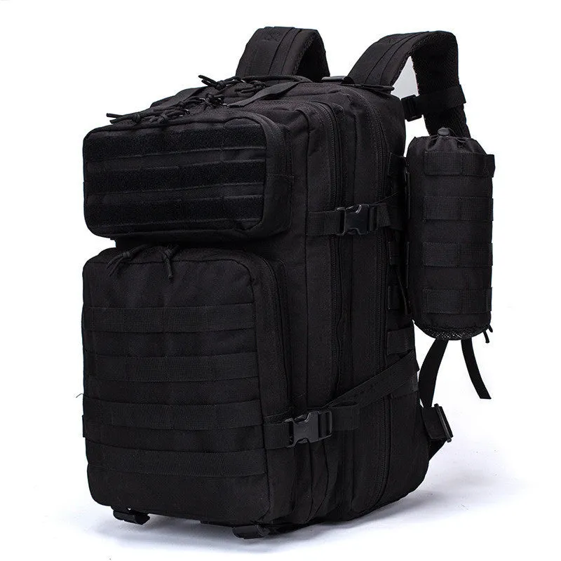 Men's waterproof Oxford camouflage backpack in army green with geometric pattern, 56-75L capacity for hiking