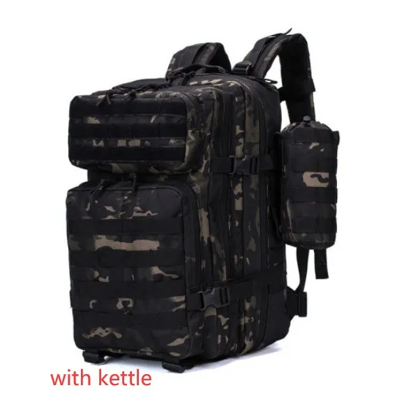 Men's waterproof Oxford camouflage backpack in army green with geometric pattern, 56-75L capacity for hiking