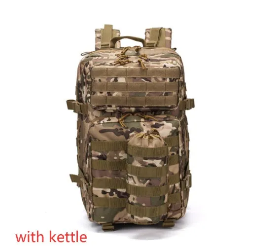 Men's waterproof Oxford camouflage backpack in army green with geometric pattern, 56-75L capacity for hiking