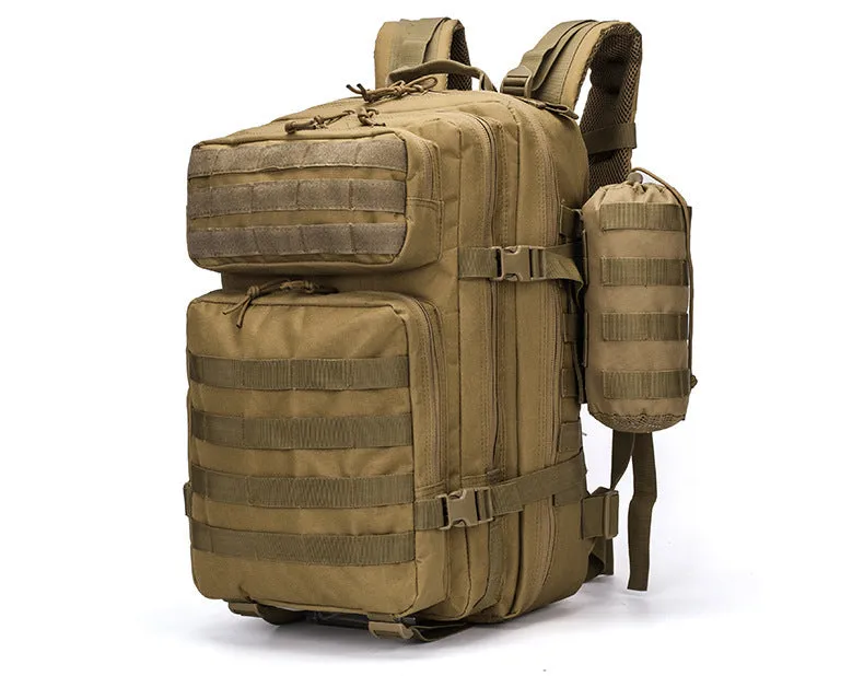 Men's waterproof Oxford camouflage backpack in army green with geometric pattern, 56-75L capacity for hiking