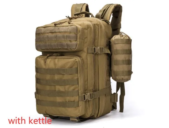 Men's waterproof Oxford camouflage backpack in army green with geometric pattern, 56-75L capacity for hiking