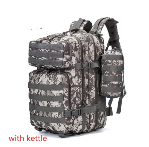Men's waterproof Oxford camouflage backpack in army green with geometric pattern, 56-75L capacity for hiking