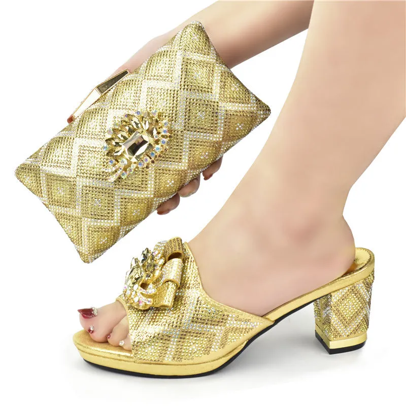 Solid colour rhinestone high heel sandals with matching clutch, buckle closure, 7 cm heel