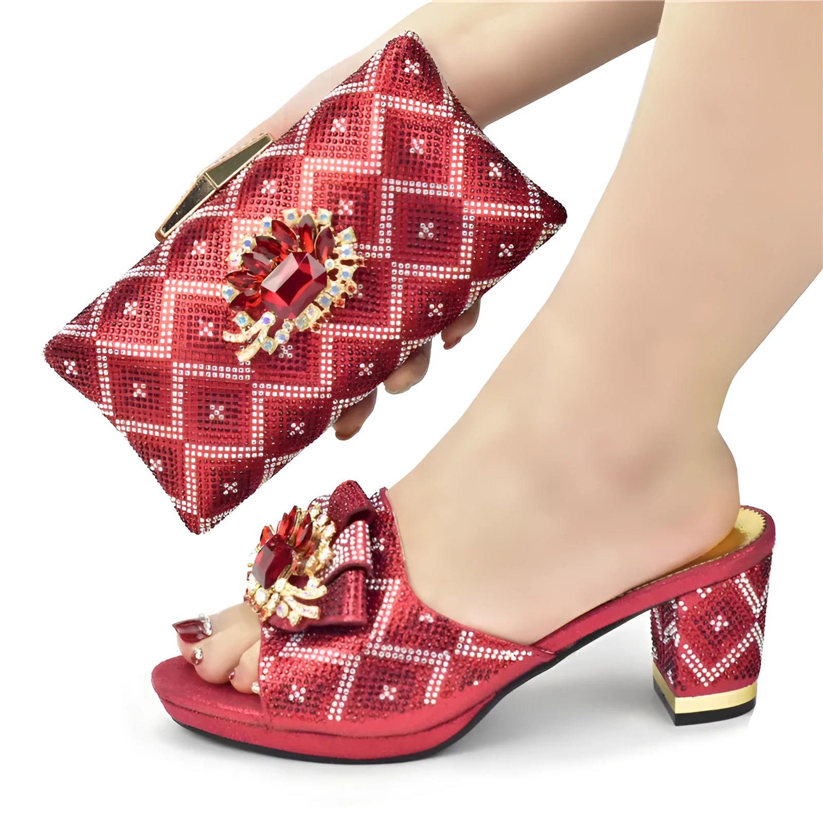 Solid colour rhinestone high heel sandals with matching clutch, buckle closure, 7 cm heel