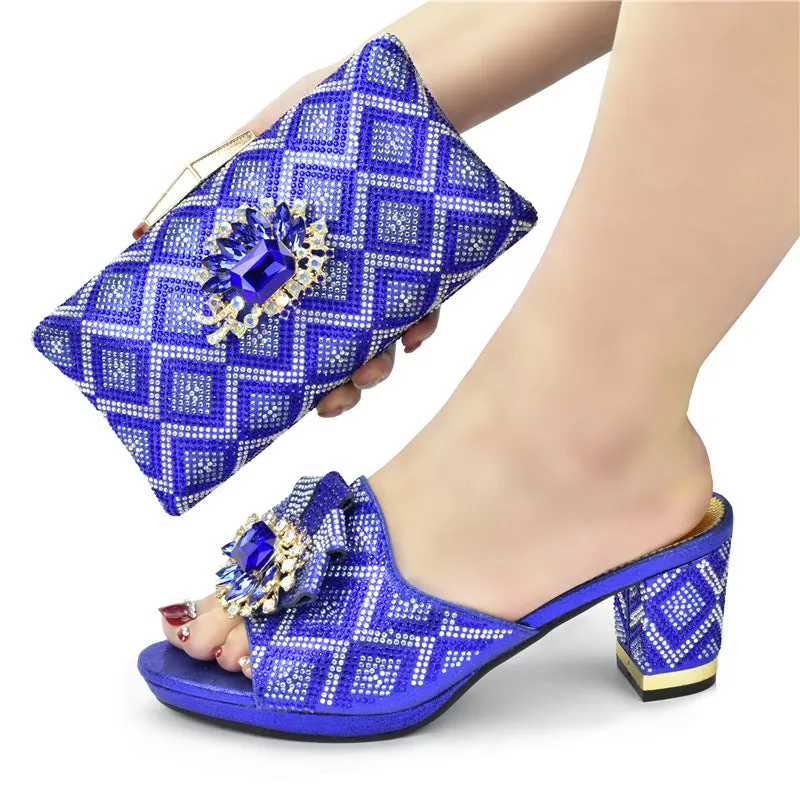 Solid colour rhinestone high heel sandals with matching clutch, buckle closure, 7 cm heel