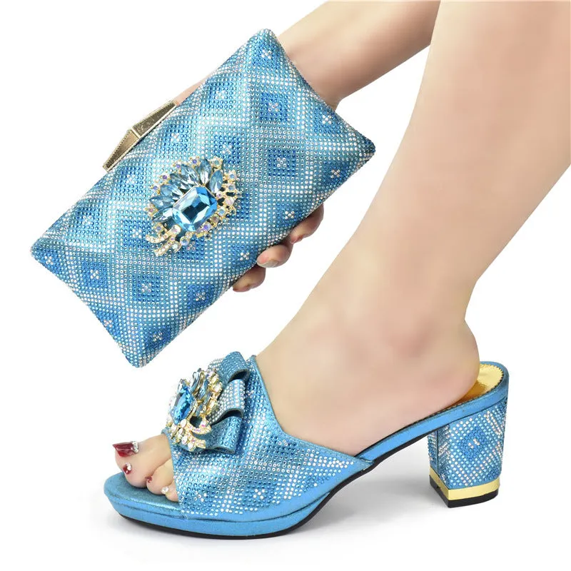 Solid colour rhinestone high heel sandals with matching clutch, buckle closure, 7 cm heel