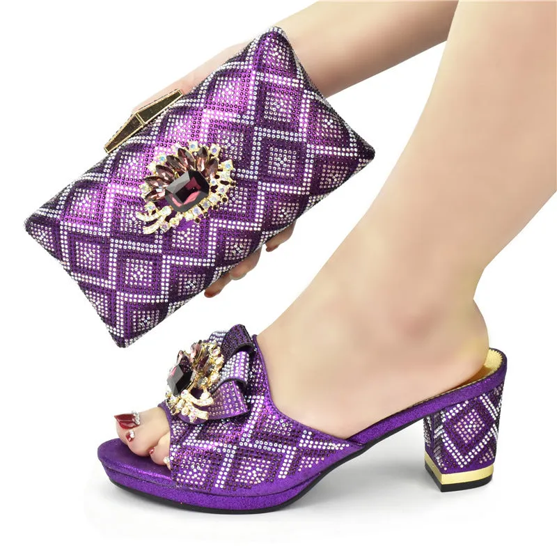 Solid colour rhinestone high heel sandals with matching clutch, buckle closure, 7 cm heel