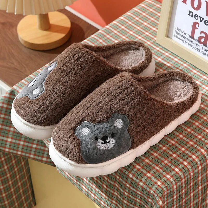 Cute rabbit striped slippers for women, thick PVC sole, plush upper, warm indoor non-slip home footwear