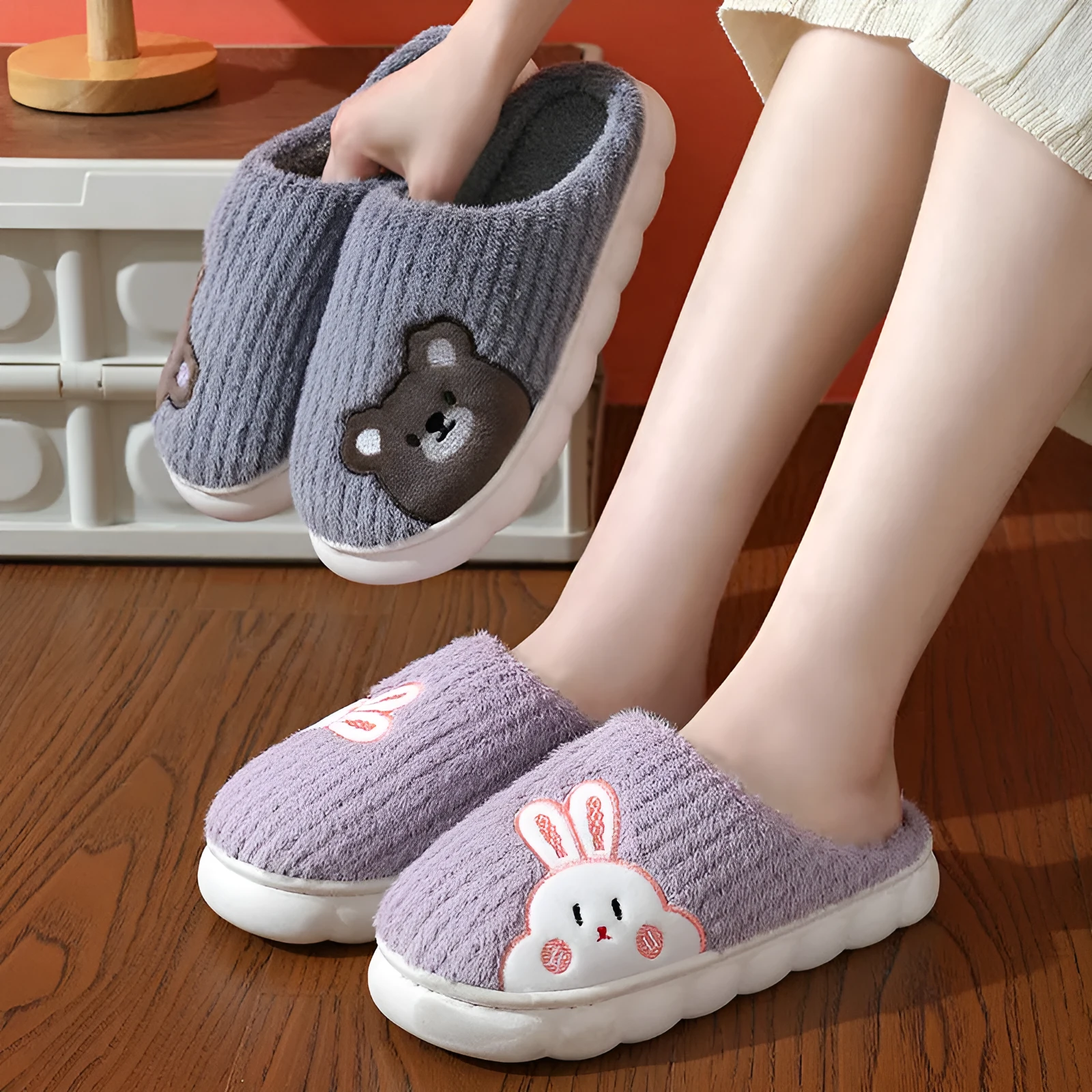 Cute rabbit striped slippers for women, thick PVC sole, plush upper, warm indoor non-slip home footwear