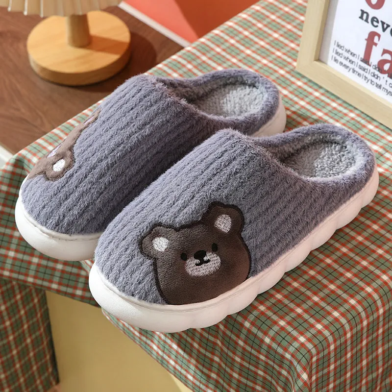Cute rabbit striped slippers for women, thick PVC sole, plush upper, warm indoor non-slip home footwear
