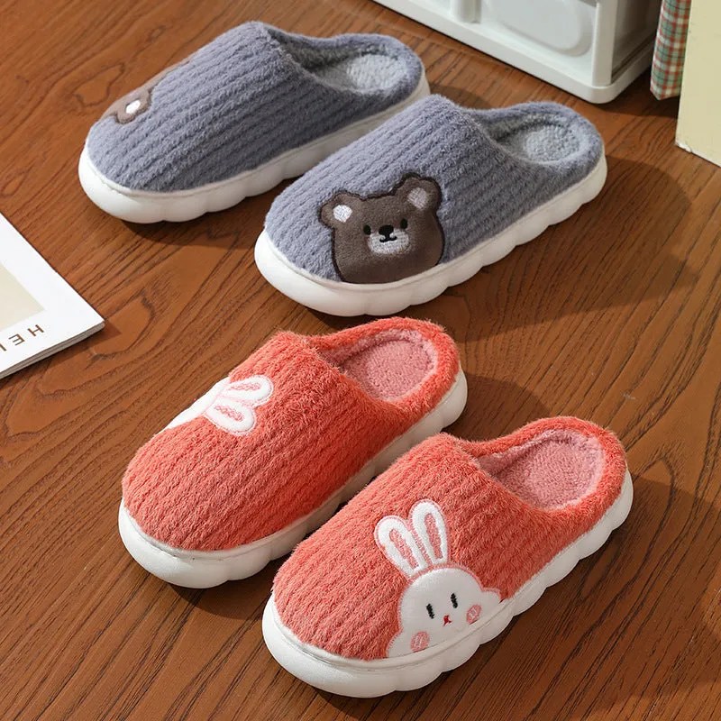 Cute rabbit striped slippers for women, thick PVC sole, plush upper, warm indoor non-slip home footwear