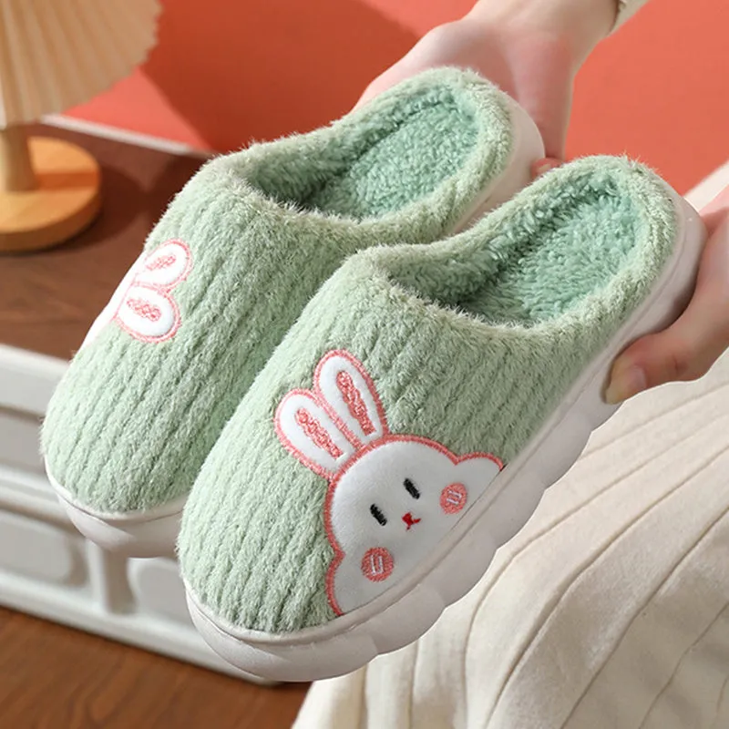 Cute rabbit striped slippers for women, thick PVC sole, plush upper, warm indoor non-slip home footwear