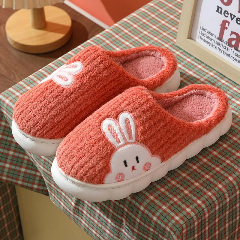 Cute rabbit striped slippers for women, thick PVC sole, plush upper, warm indoor non-slip home footwear