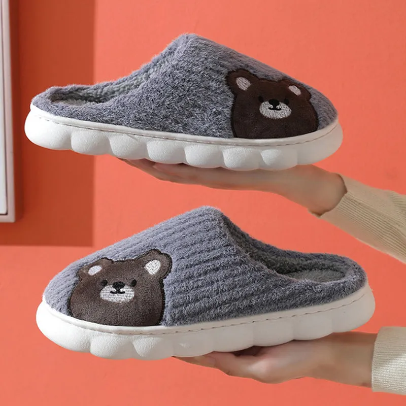 Cute rabbit striped slippers for women, thick PVC sole, plush upper, warm indoor non-slip home footwear