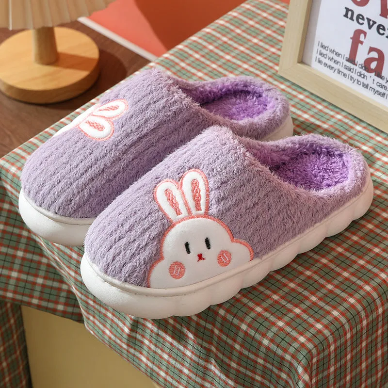 Cute rabbit striped slippers for women, thick PVC sole, plush upper, warm indoor non-slip home footwear