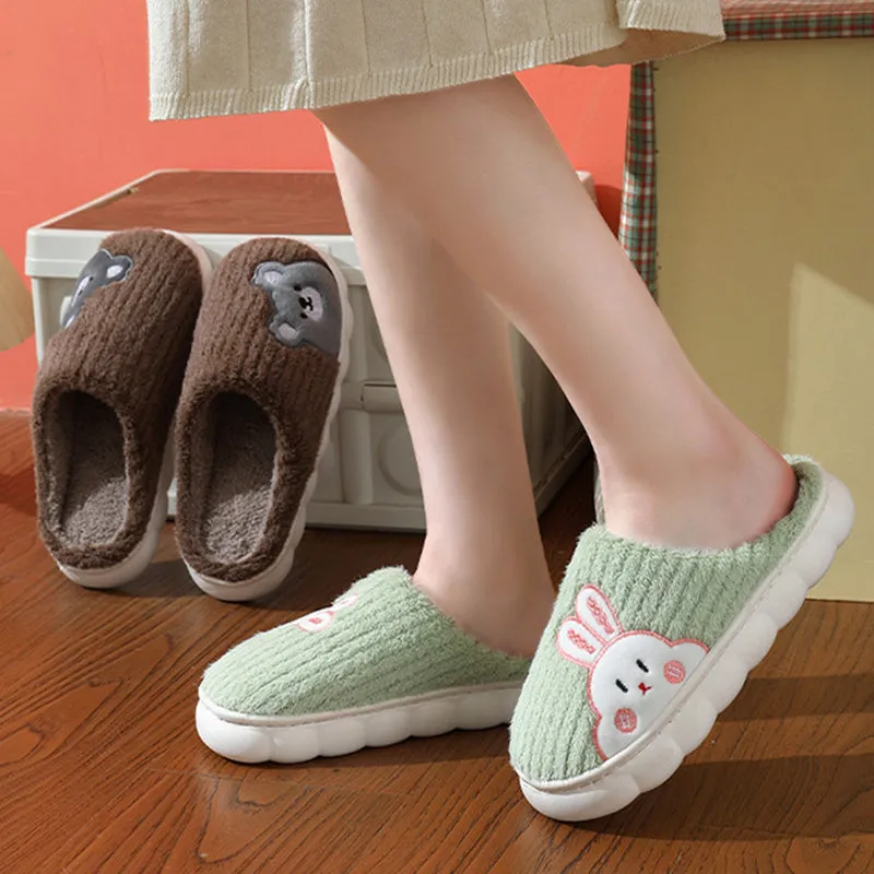 Cute rabbit striped slippers for women, thick PVC sole, plush upper, warm indoor non-slip home footwear