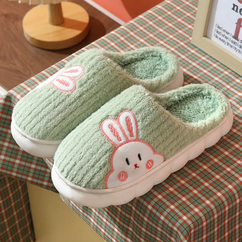 Cute rabbit striped slippers for women, thick PVC sole, plush upper, warm indoor non-slip home footwear
