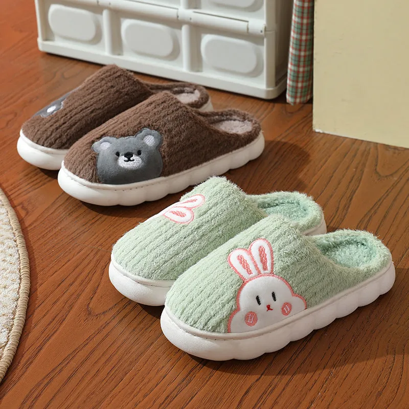 Cute rabbit striped slippers for women, thick PVC sole, plush upper, warm indoor non-slip home footwear