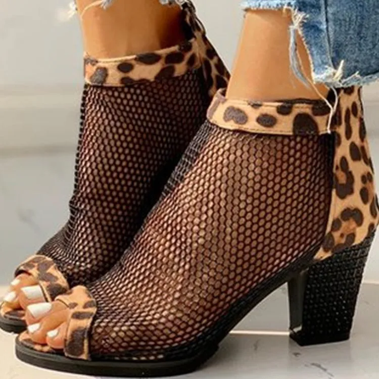 Women's mesh zipper cool boots with thick heel, black solid colour, open fish mouth toe