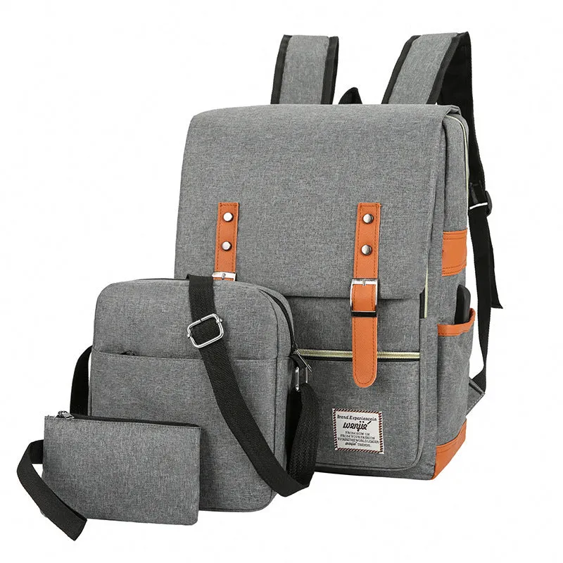 Three-piece compartment backpack in Oxford cloth, shown in black, blue, grey, or wine red.