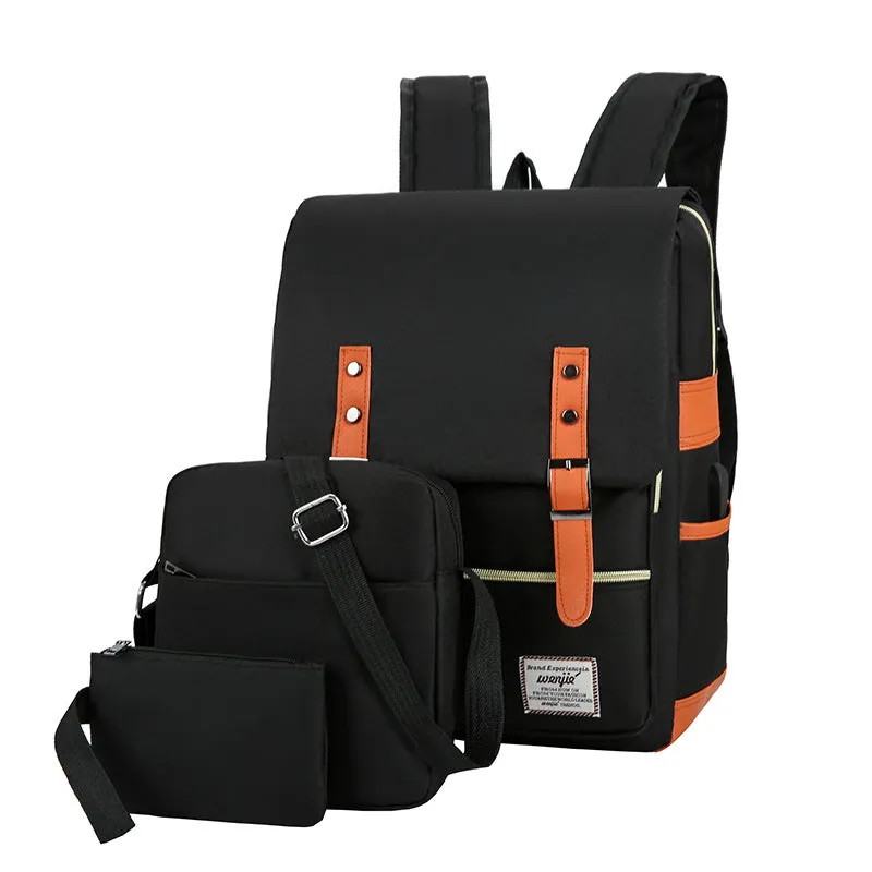Three-piece compartment backpack in Oxford cloth, shown in black, blue, grey, or wine red.