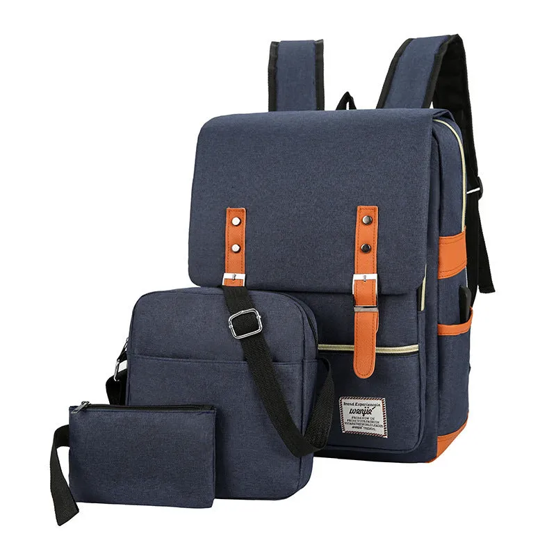 Three-piece compartment backpack in Oxford cloth, shown in black, blue, grey, or wine red.