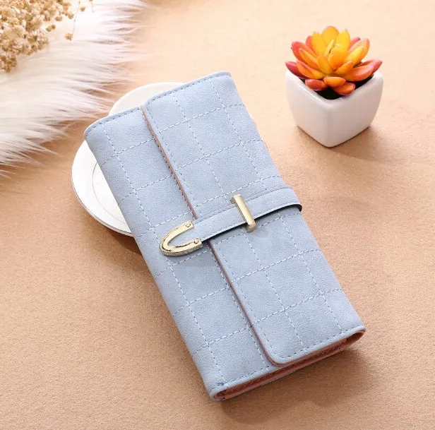 Frosted Lingge long wallet in PU leather with magnetic buckle and diamond pattern, 19.5x9.5cm
